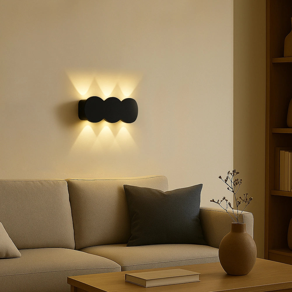 Applique da Muro con 6 Led Lampada a Parete Nera con Luce Bianco Caldo 15x8x3cm