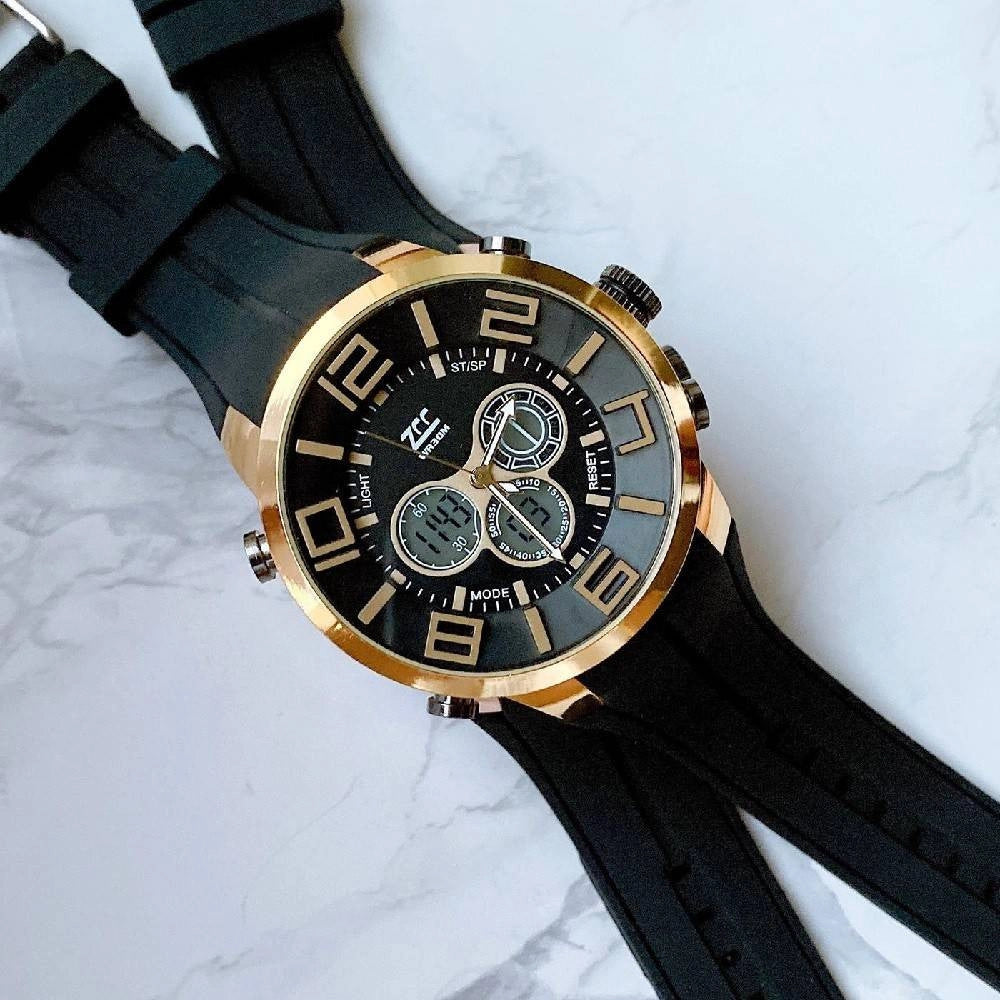 Trade Shop - Orologio Polso Zcc Uomo Dual Time Analogico Digitale Sveglia Sport Dorato Nero -