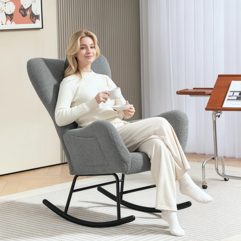 Poltrona a Dondolo ¨C Zephmum ¨C Grigio Tessuto Imbottito con Cuscino Lombo