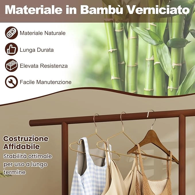 2 in 1 Porta Abiti in Bambù, Appendiabiti con Cesto di Stoccaggio in Rattan, Stand AppendiAbiti con Ruote per Ingresso Soggiorno Camera da Letto