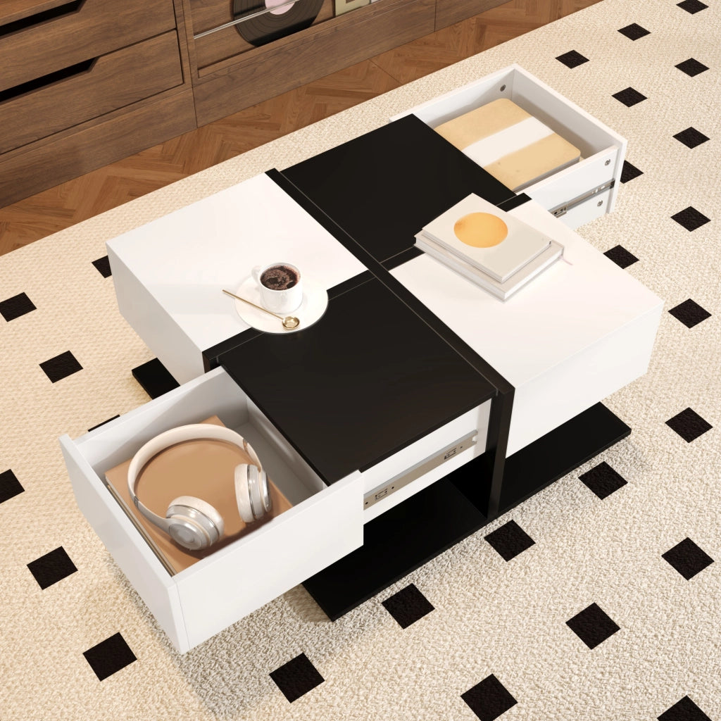 Tavolino quadrato con 2 cassetti e vani nascosti, piano stabile, per soggiorno, 70 × 70 × 35.5 cm