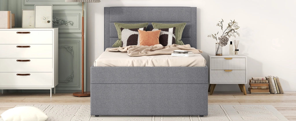 DESMIU Letto singolo 90 × 200 cm con contenitore sotto il letto, senza materasso, in lino e MDF, grigio