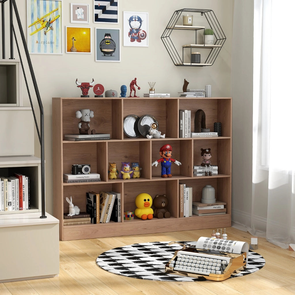 Libreria a 10 cubi con 2 kit anti-ribaltamento, Organizzatore di stoccaggio a 3 ripiani in legno alto 140cm Naturale