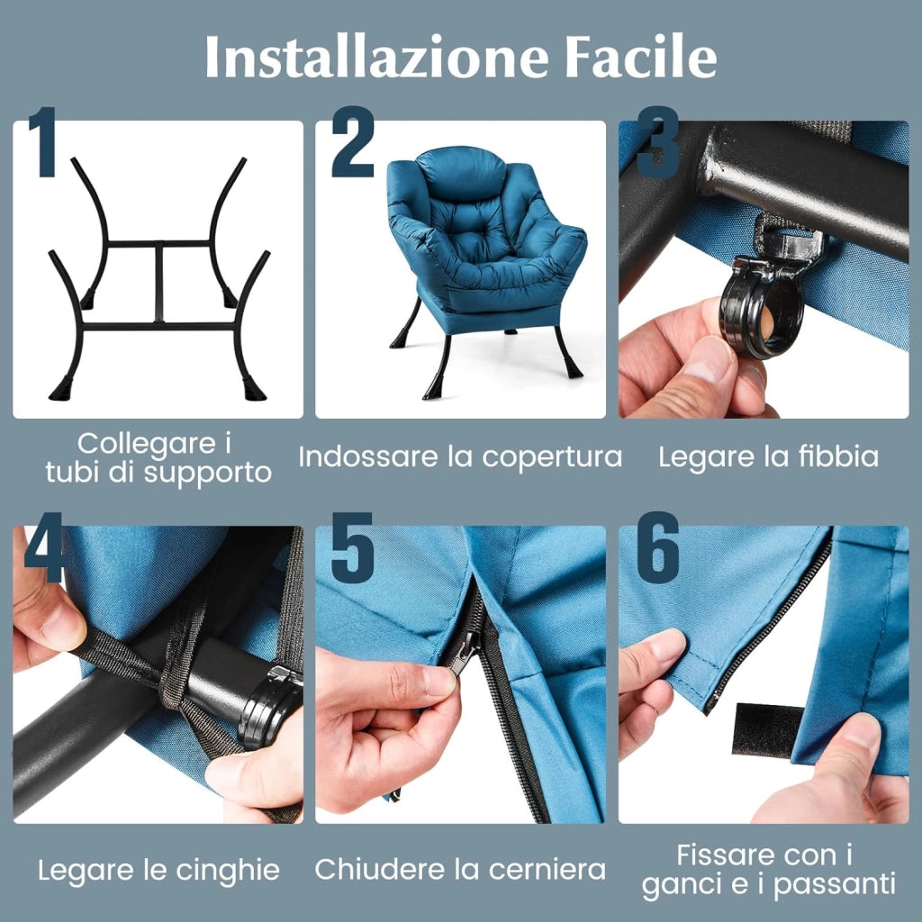 Poltrona Pigra con Poggiapiedi, Poltrona da Lettura Moderna con Cuscino, Braccioli, Poltrona d'Accento per Soggiorno, Camera da Letto, Ufficio e Esterno (blu)