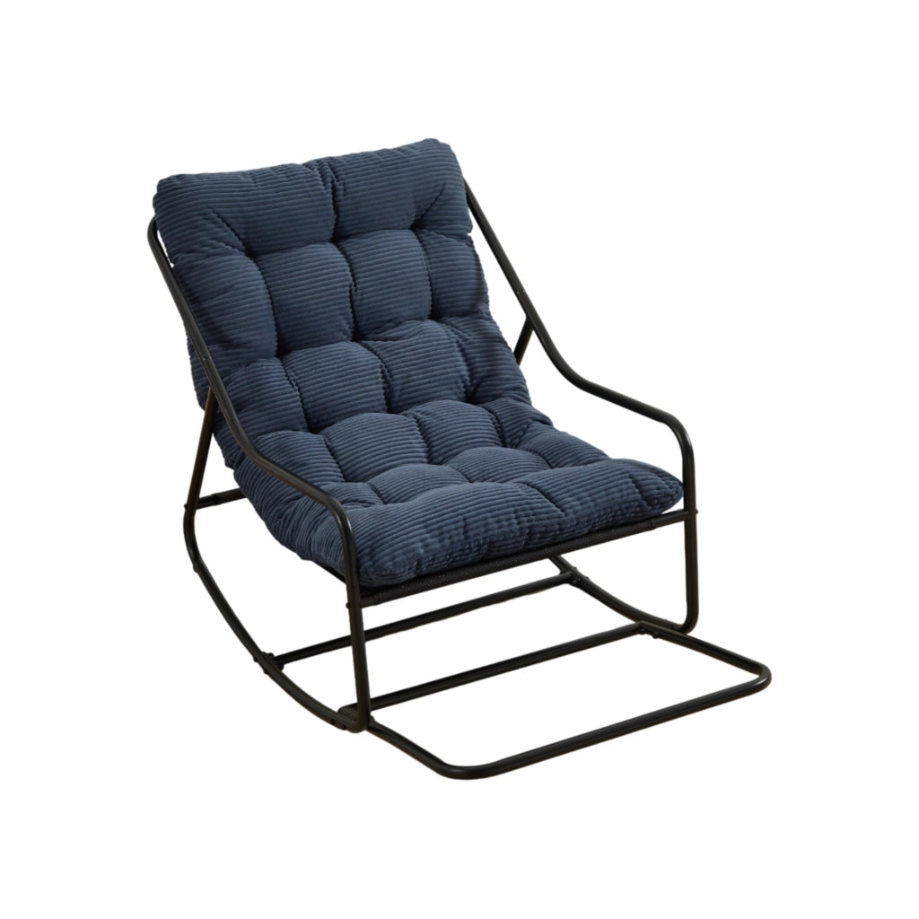 Sedia a dondolo con cuscino spesso in tessuto a coste blu navy, struttura in acciaio, 75 × 116 × 82 cm