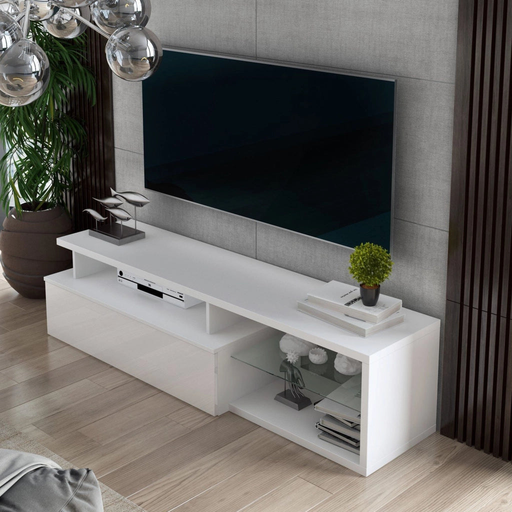 Mobile porta TV Gisella, Credenza da soggiorno, Armadio basso per TV, Base parete attrezzata, 160x38h41 cm, Bianco e Bianco lucido