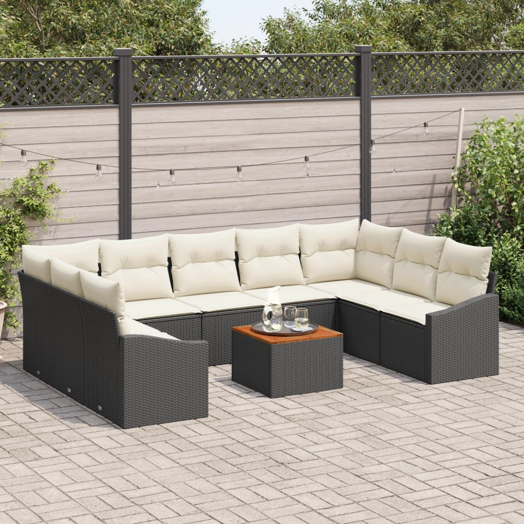 Set divano da giardino in 10 pezzi con cuscini neri in rattan e acacia