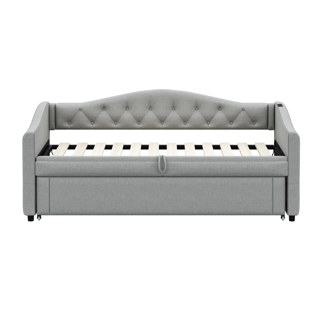 Divano letto estraibile - Zephmum- 90x200 cm, Grigio, Tessuto lino, USB, classico