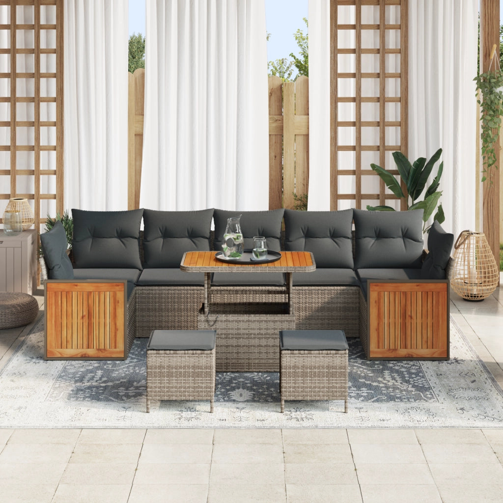 Set Divano da Giardino con Cuscini in Polyrattan Grigio Acacia