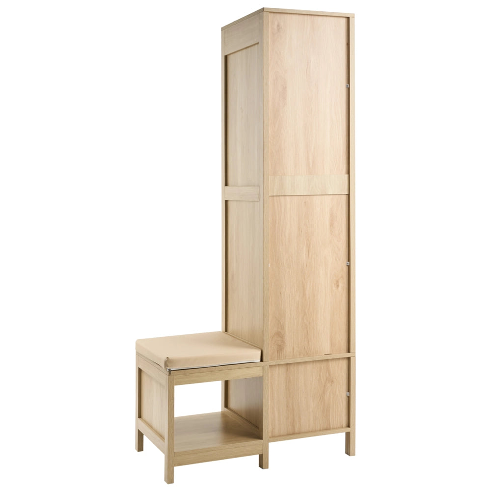 Mobile da Ingresso Alto con Seduta, Appendiabiti, 2 Cassetti e Ripiani a Vista in Truciolato e MDF Color Rovere Chiaro