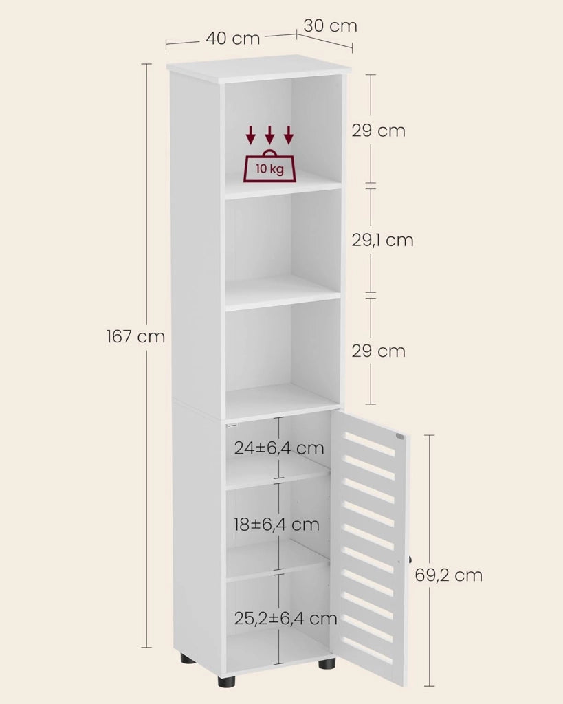 VASAGLE Mobile da Bagno, Armadio Alto per Bagno, Organizzatore Portaoggetti, con 3 Scomparti Aperti e 2 Ripiani Regolabili, Soggiorno, Entrata, Bianco Nuvola BBK160W01