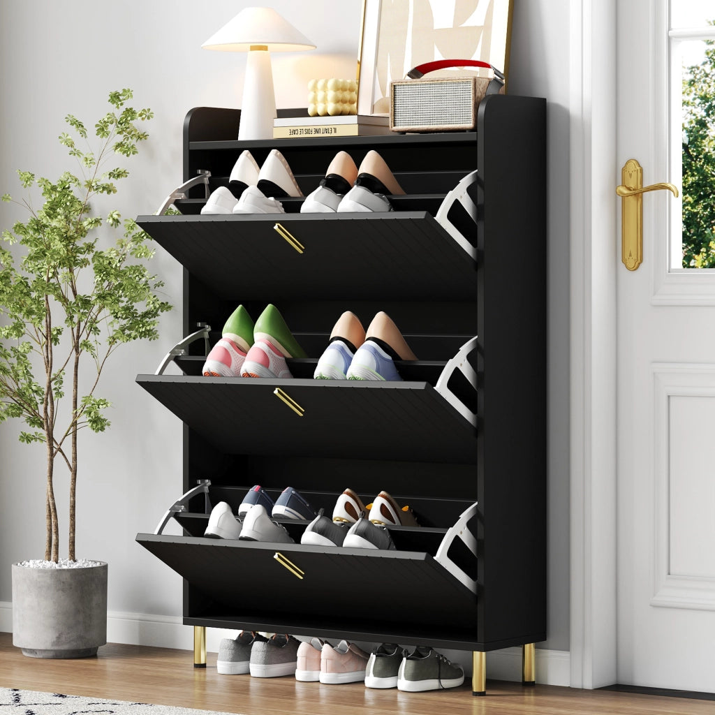 Scarpiera con 3 ante e ripiani regolabili, vano superiore, per ingresso, in MDF, nero, 80 × 23 × 123,5 cm