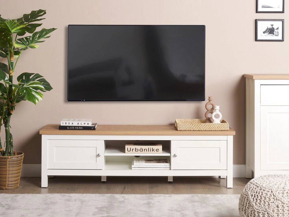 Mobile TV moderno scaffale mobili soggiorno 140 cm crema e legno chiaro