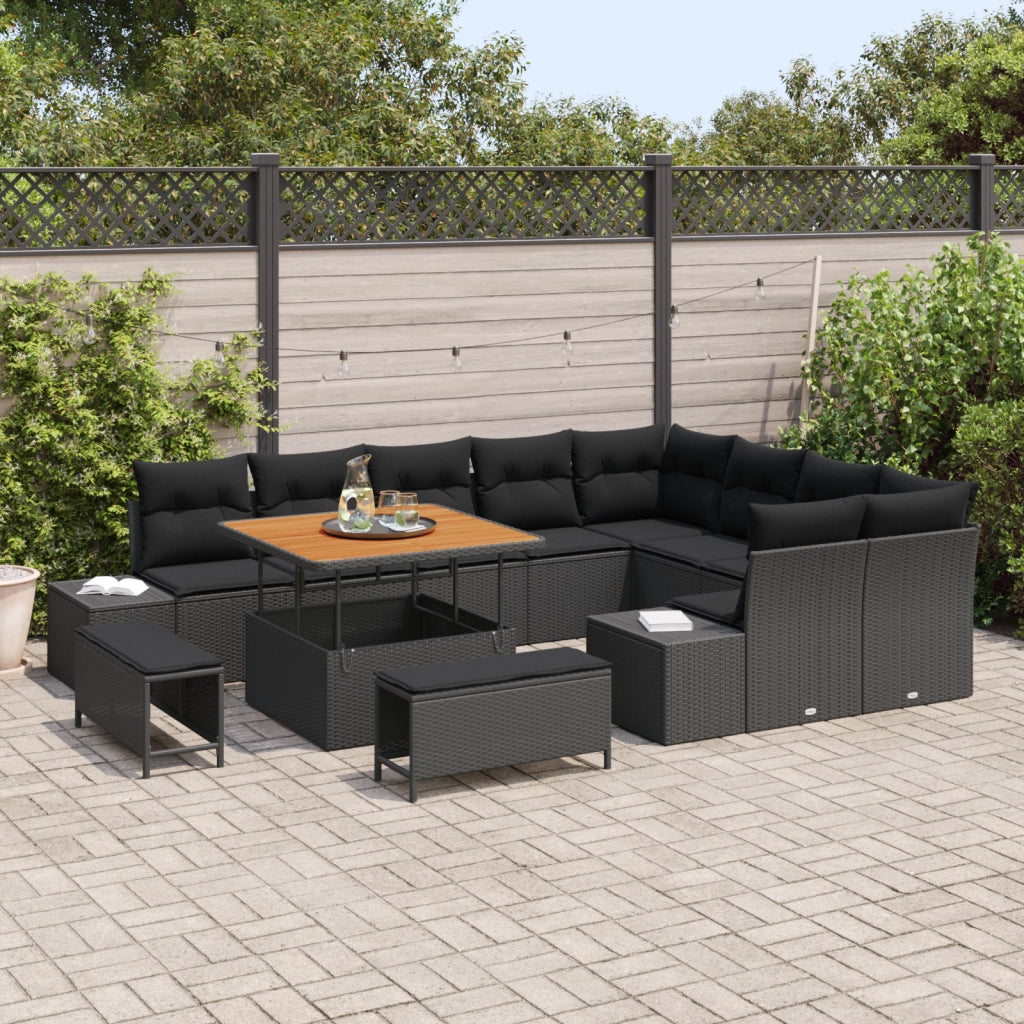 Set divano da giardino 12 pezzi con cuscini Nero Polyrattan Acacia