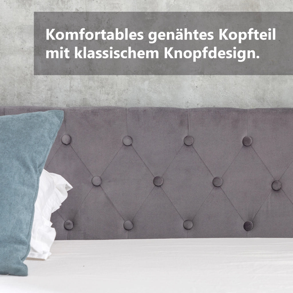 LETTO contenitore 140x200 cm in velluto grigio con testiera capitonné e rete a doghe