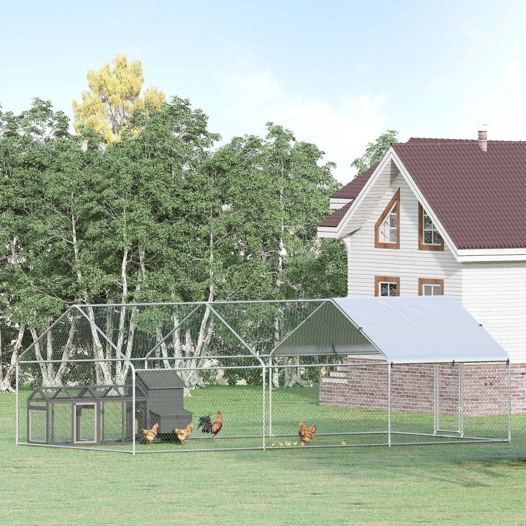 EasyComfort Pollaio per Galline da Esterno in Metallo con Copertura in Tessuto Oxford, 600x303.5x195 cm, Argento