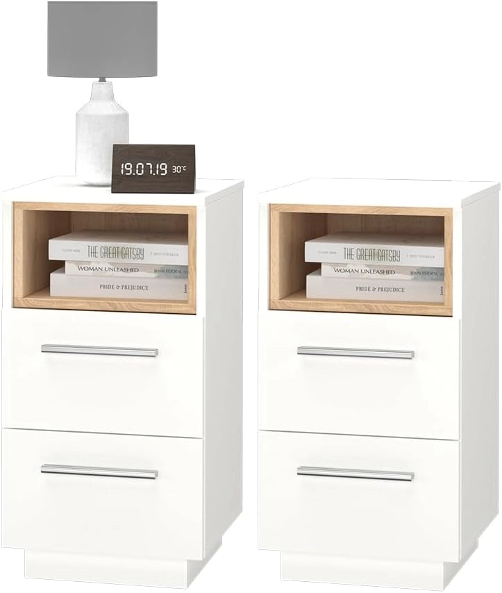 Comodini camera da letto Beatrice, Bianco, Set di 2, per riporre oggetti in modo salvaspazio accanto al letto