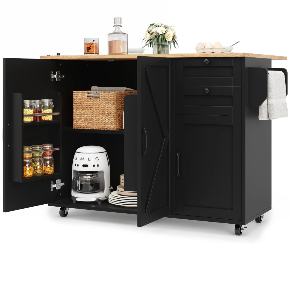 Carrello da Cucina con 2 Cassetti e Ripiani su 2 Lati Piano Pieghevole con Ruote in MDF Nero
