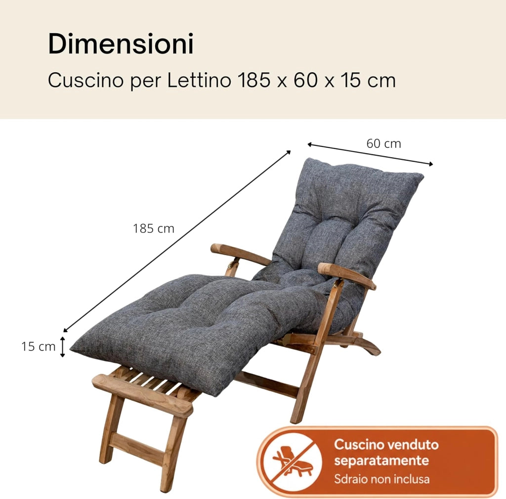 Cuscino per Lettino Prendisole - Materassino Spesso, Morbido e Confortevole, Generosamente Imbottito con Schiuma - Cuscino Sdraio da Esterno, Facile da Installare (185x60x15 cm, Grigio)