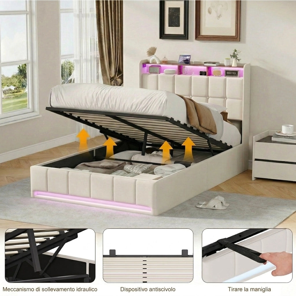 Letto una piazza e mezza 140x190 cm con contenitore LED USB testiera con mensola rete a doghe in lino - beige