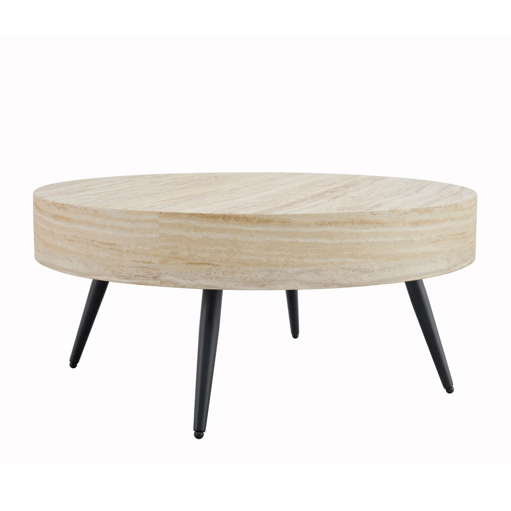 Tavolino rotondo con 1 piano in MDF effetto travertino chiaro; gambe in metallo nere; per soggiorno; Ø 70 × 35;5 cm
