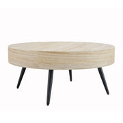 Tavolino rotondo con 1 piano in MDF effetto travertino chiaro; gambe in metallo nere; per soggiorno; Ø 70 × 35;5 cm