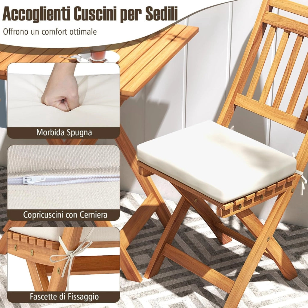 Set Bistro da Esterno in Legno di Acacia, Tavolo e 2 Sedie Pieghevoli con Cuscini, Tavolo Portata 80 kg/Sedia Portata 180 kg (Modello 2)