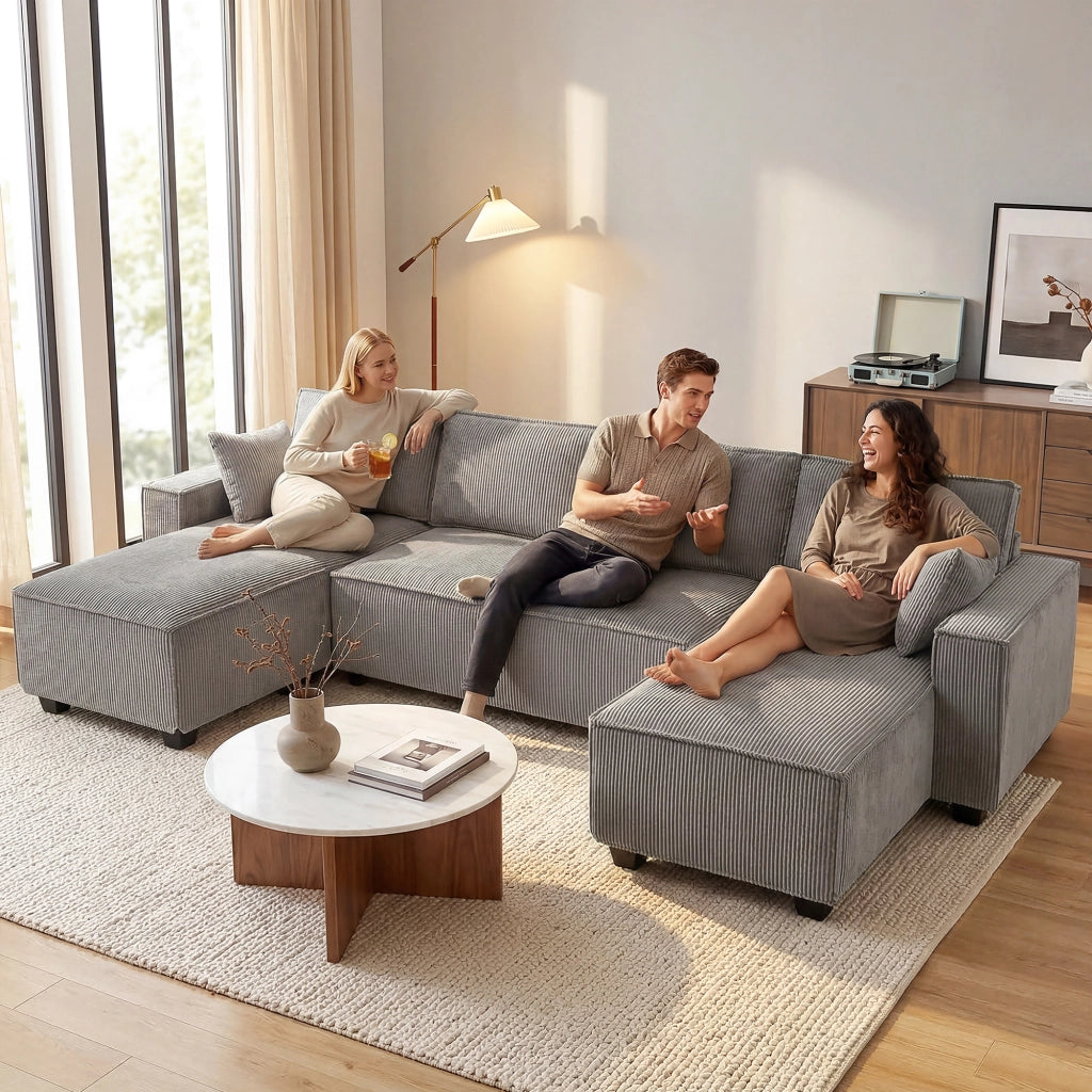Divano angolare con chaise longue ¨C Zephmum ¨C Tessuto grigio chiaro 270x220x90