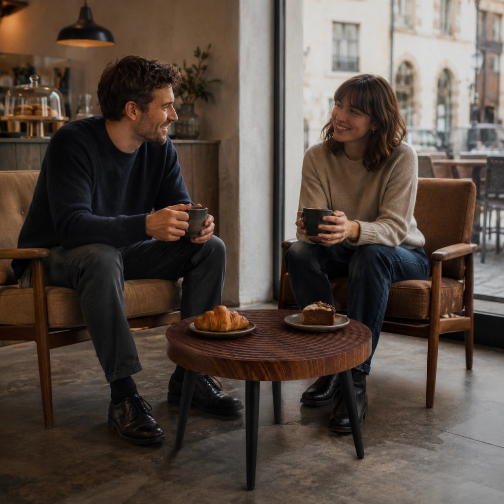 Tavolino da caffè rotondo con piano spesso 5 cm; gambe in metallo nero con piedini regolabili; noce; Ø 60 cm