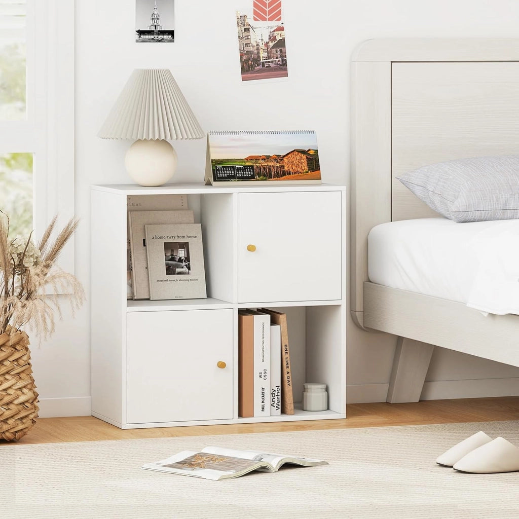 Scaffale per libri con 4 cubi, libreria a 2 livelli con porte, scomparti aperti, mobile ausiliario moderno, per soggiorno, studio, ufficio, 60 x 29 x 60 cm, bianco