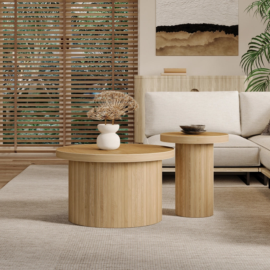 Tavolini da Salotto Impilabili Rotondi con Gambe a Listelli; Stile Moderno; in MDF; Naturale