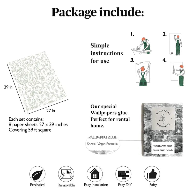 Carta da Parati Foglie Verdi Edera Bianca e Verde Carta Vegana 250x200cm 5,5mq 