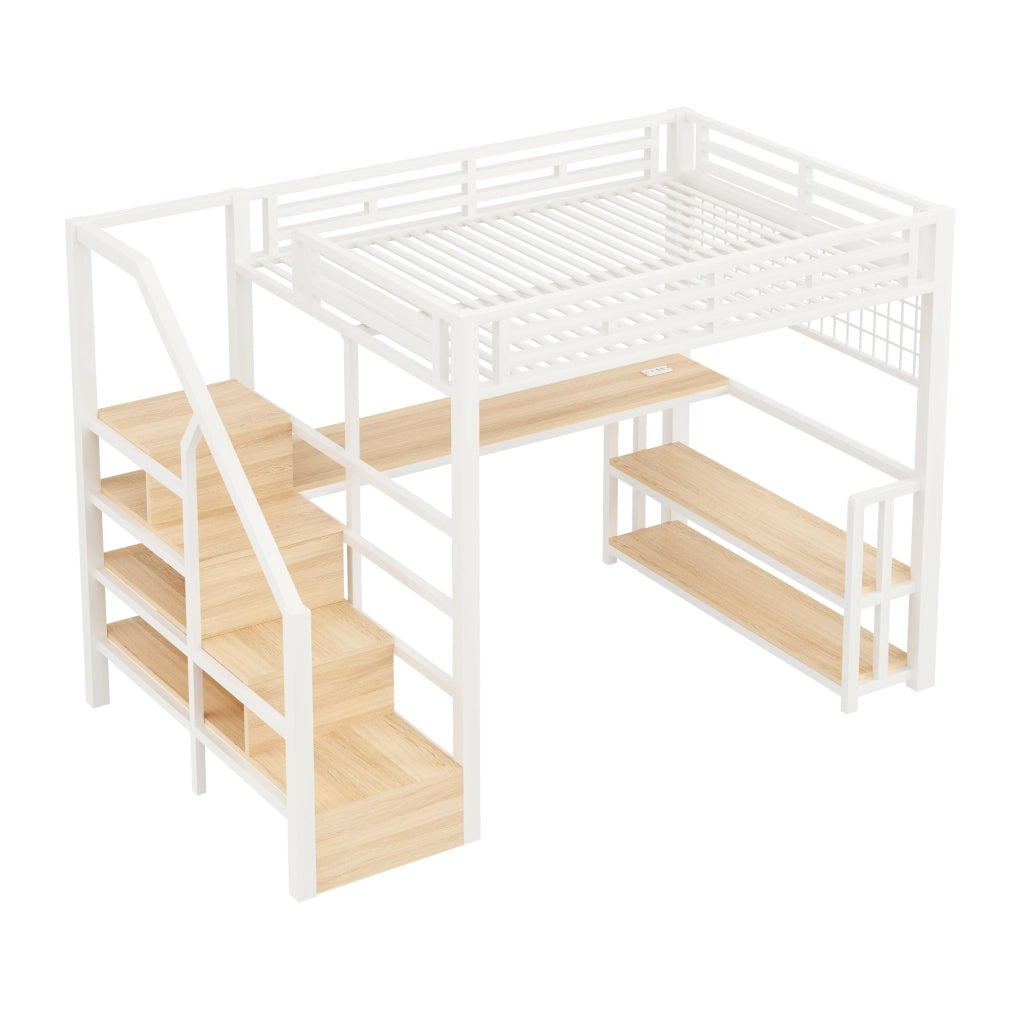 Letto a soppalco matrimoniale 140×200 cm con ripiani; LED; scrivania; USB e Type-C; senza materasso; bianco