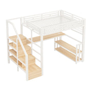 Letto a soppalco matrimoniale 140×200 cm con ripiani; LED; scrivania; USB e Type-C; senza materasso; bianco