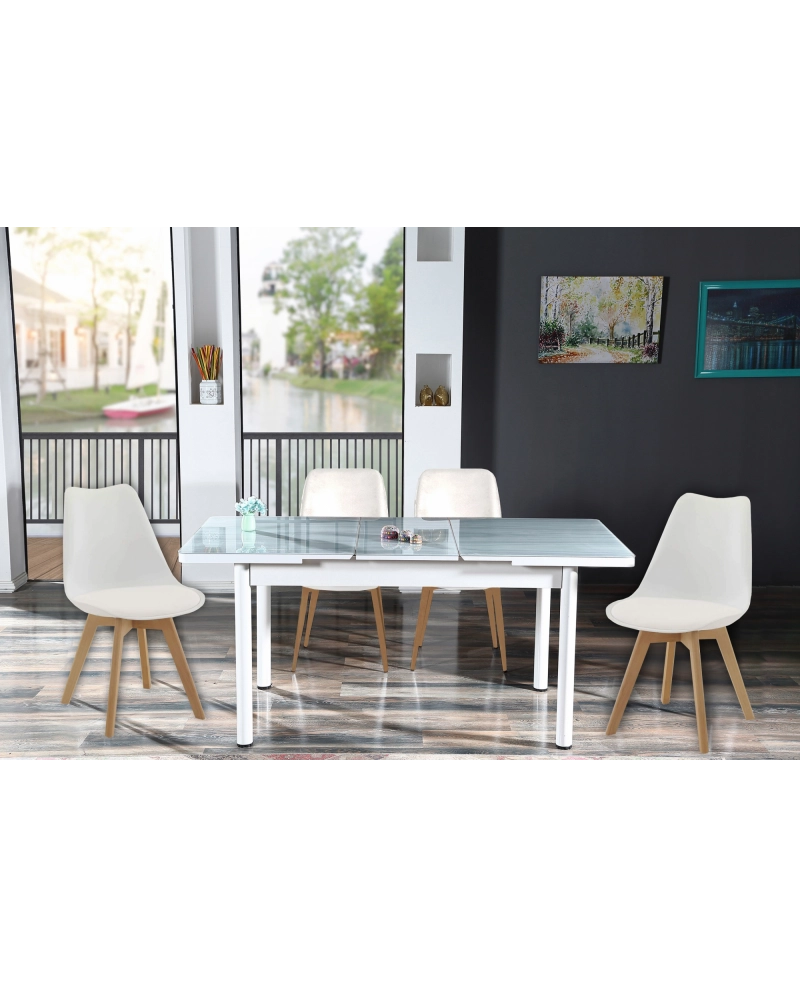 Tavolo da sala bianco allungabile in vetro temperato grigio 130-170cm con 4 sedie e cuscini Sicorage LEGRES