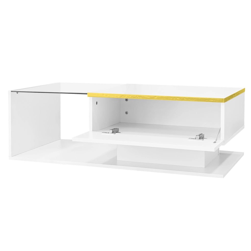 Tavolino da caffè 100x50x32.5 cm; con LED dimmerabile e piano in vetro; truciolato; bianco