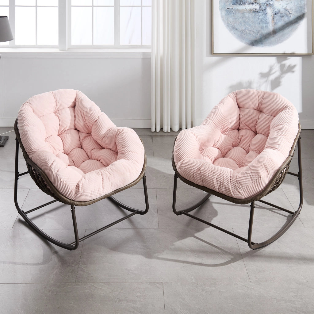 Poltrona a dondolo da esterno in rattan sintetico con cuscino, struttura in acciaio, seduta ergonomica, rosa