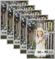 Set di 5 Cornici Foto 50x70 cm con Passepartout, Portafoto da Parete e Tavolo, Verticale o Orizzontale, in Legno Massiccio, Argento
