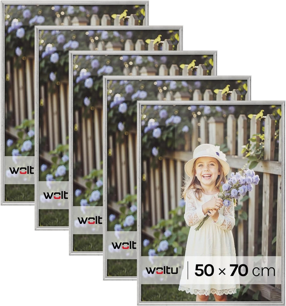 Set di 5 Cornici Foto 50x70 cm con Passepartout, Portafoto da Parete e Tavolo, Verticale o Orizzontale, in Legno Massiccio, Argento