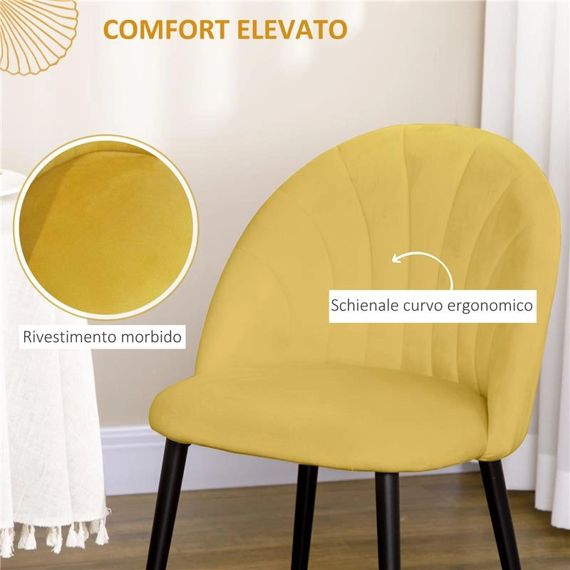 SET 2 SEDIE DA PRANZO DESIGN NORDICO IN METALLO E TESSUTO EFFETTO VELLUTO GIALLO E NERO, 52X54X79 CM