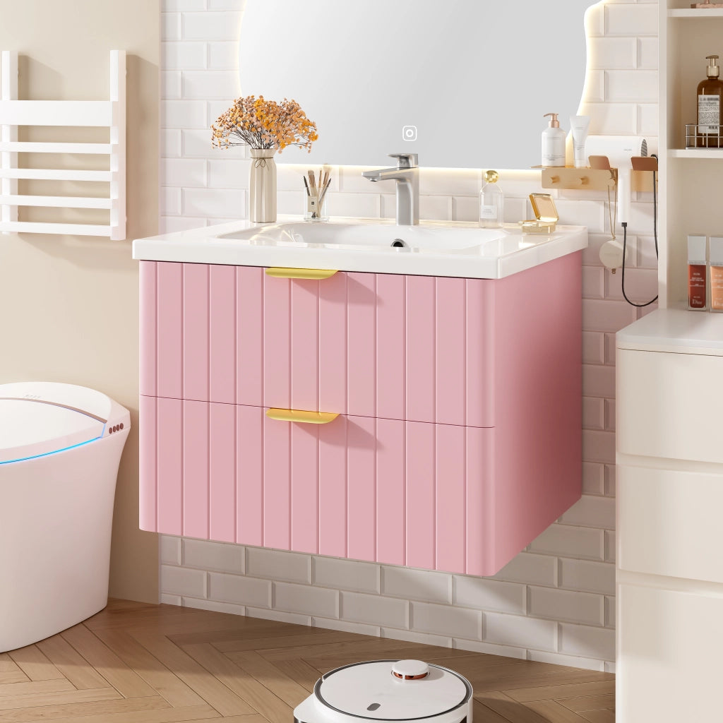 Mobile sottolavabo sospeso con lavabo singolo e doppio spazio contenitore in MDF rosa bianco 60,5 × 47,5 × 47 cm