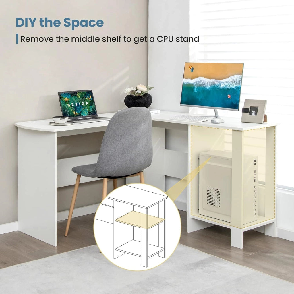 130 cm, scrivania a forma di L, moderna stile semplice scrivania con scaffalature, 2 fori di gestione dei cavi, design salvaspazio, scrivania angolare per casa, ufficio (bianco), FE43794
