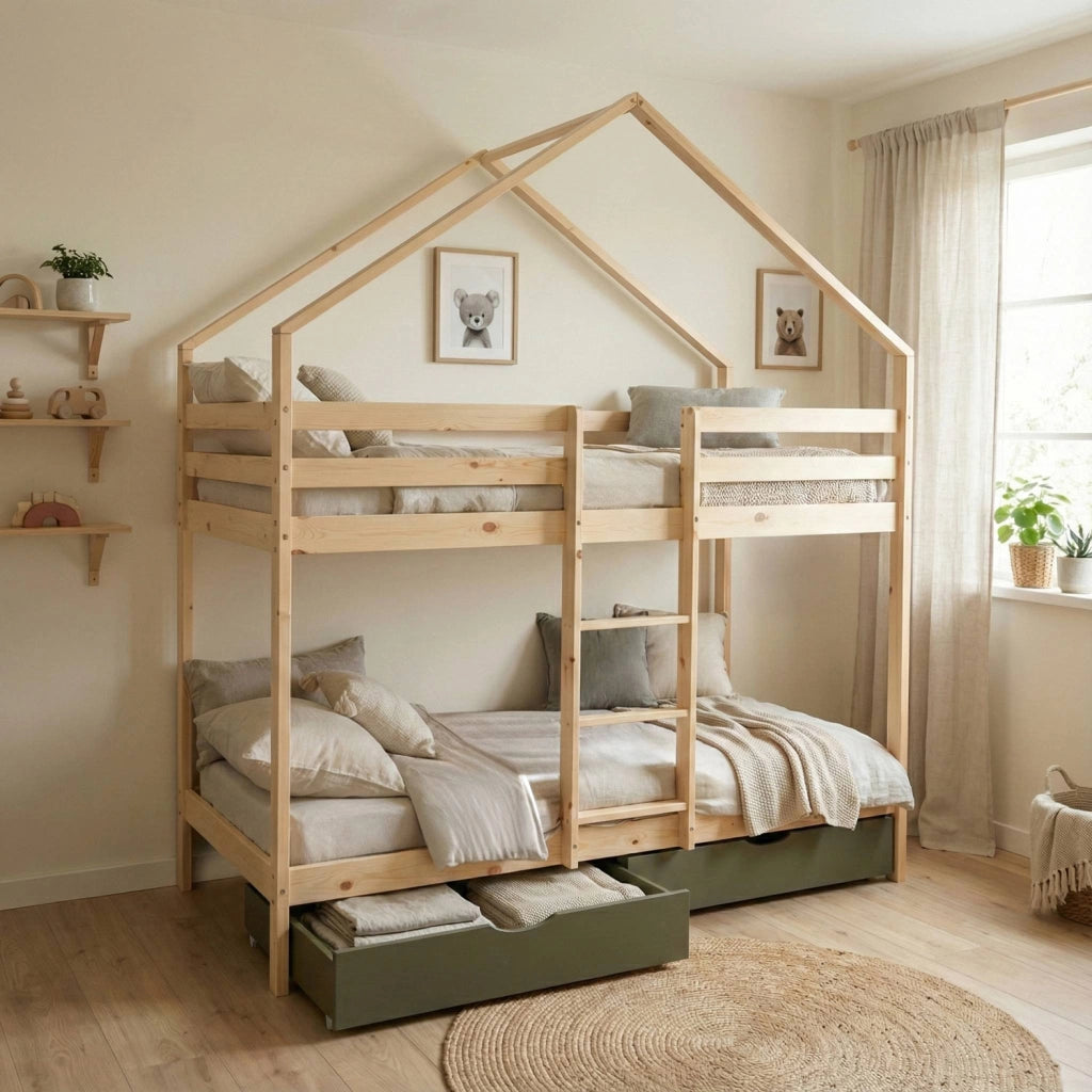 Letto a castello per bambini cabina 190cm pino naturale con cassetti,