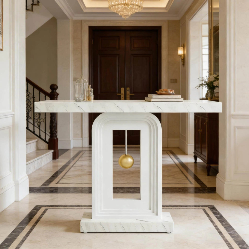 Tavolo consolle stretto 100 cm con base geometrica quadrata; marmo e MDF; bianco