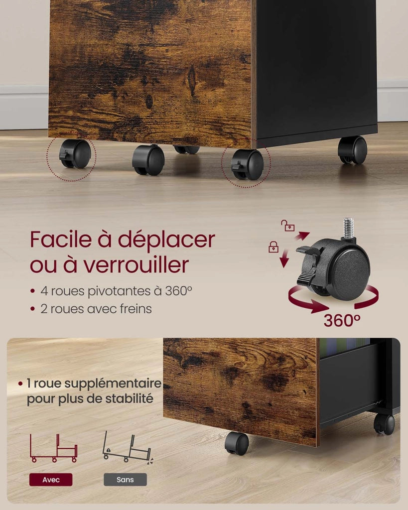 Mobiletto da ufficio con 2 cassetti su ruote 40 x 42 x 70 cm per documenti A4 e cartelle sospese stile industriale marrone 12_0004788