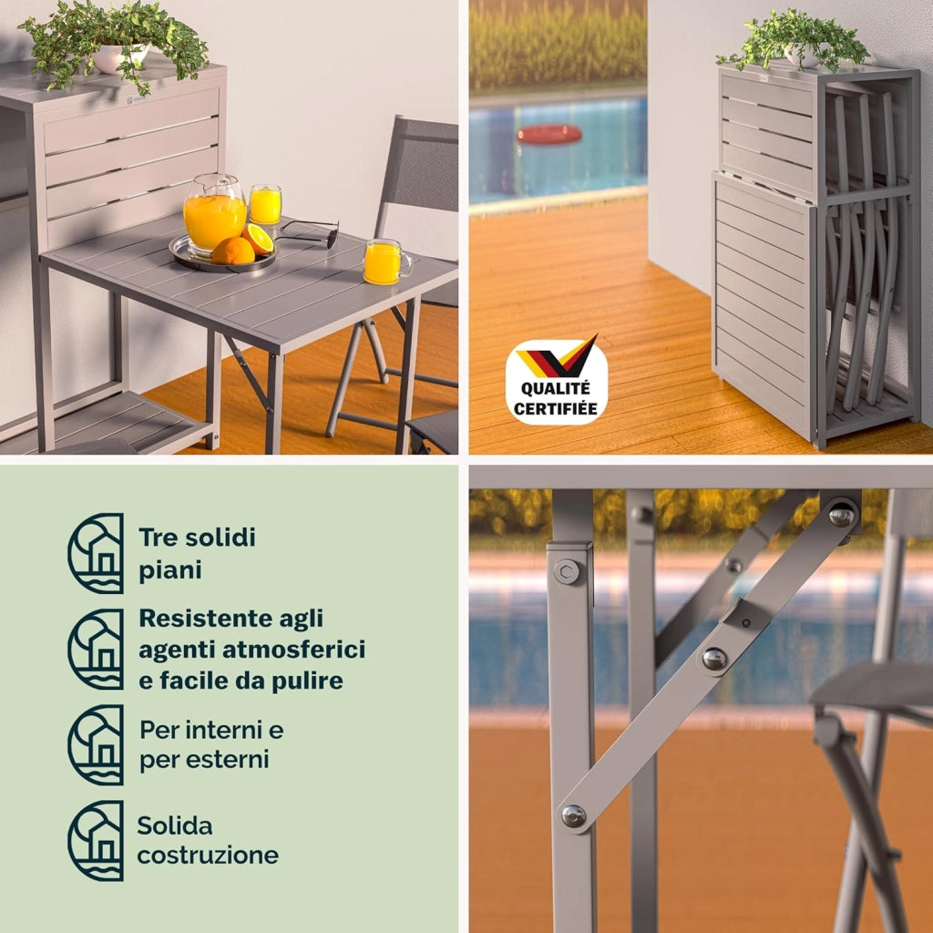 ® Set di Mobili Balcone 3 Sedie Tavolo Pieghevole Salvaspazio in Acciaio Verniciato Salottino Giardino Terrazze Grigio
