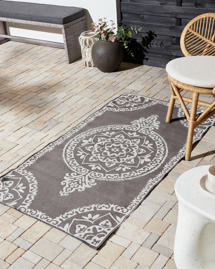 Tappeto rotondo moderno per interni e per esterni con motivo orientale 80 x 150 cm Grigio moderno balcone patio