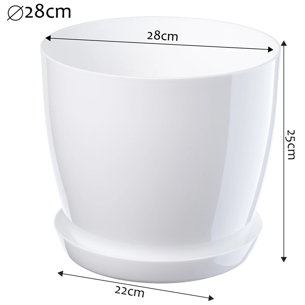 Vaso da fiori KADAX con sottovaso e coperchio in plastica, 28 cm, bianco lucido, rotondo.