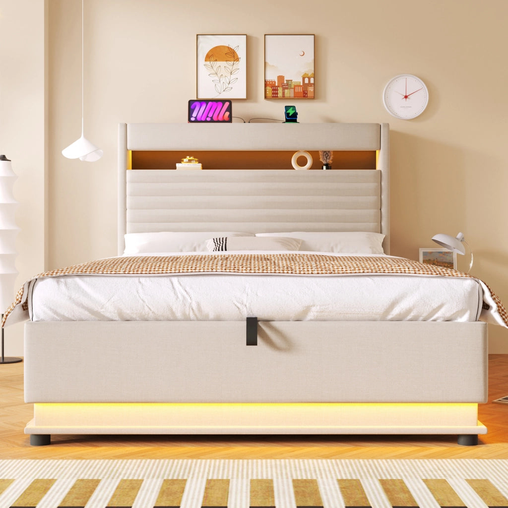 Letto Contenitore 140x200 cm; Letto Matrimoniale; USB; Tipo C e LED Regolabile - Beige