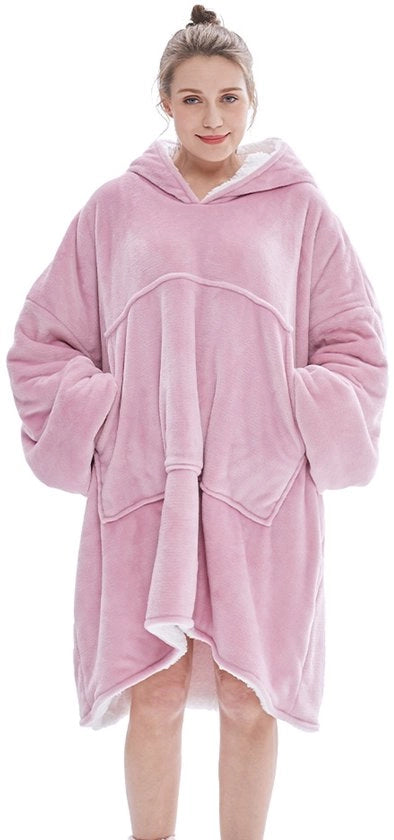 Pullover oversize con cappuccio integrato, maniche a pola, maglione caldo, unisex, con tasca laterale rimovibile, adatto a adulti, uomini, donne e adolescenti. Rosa.